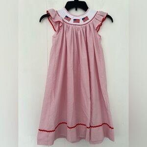 Lil Cactus Girls Pink White Seersucker Flutter  Sleeves Flag Smocked Dress Sz 6Y